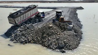 Best Activities Building Road to Middle of a lake By Dozer Pushing Big Stone & Truck Delivery Stone