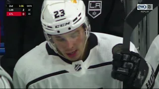 Dustin Brown beats Jordan Binnington as he's diving in front of the goaltender.