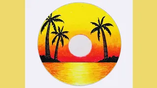 How To Draw Easy Sunset Scenery In a Circle With Oil Pastel | Drawing Sunset Scenery