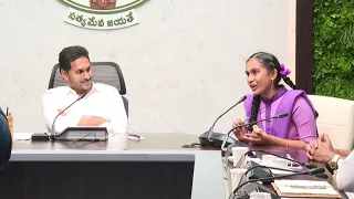 Meghna, a student of Bendapudi ZP High School interacts with AP CM YS Jagan at camp office