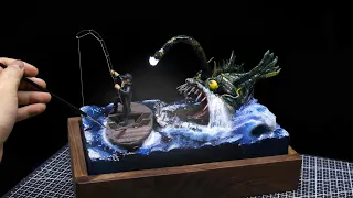 Diorama: Creepy Anglerfish vs Old Man |polymer clay |Resin Art