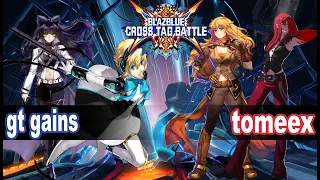 BBTAG gt gains (Aegis, Blake) vs tomeex (Yang, Carmine) Blazblue Cross Tag Battle Ranked Match