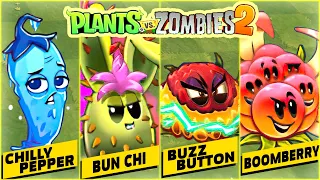 BOOMBERRY, BUZZ BUTTON, BUN CHI & CHILLY PEPPER All Ability & Power-Ups | Plant Vs Zombies 2