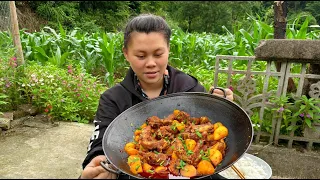 今天挖些土豆来炖排骨，一大锅又香又辣太好吃 Digging potatoes and stewing pork ribs today