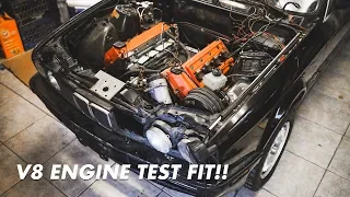 E30 V8 BUILD M62 ENGINE TEST FIT!!
