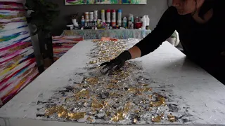 Painting with palette knife, Gold Glitter and Silver Leaf Abstract, Modern  Texture art painting