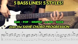 BASS LINES - 5 BASS STYLES (over the same Chord Progression) with TAB / SHEET