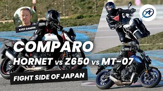 Honda Hornet vs Kawasaki Z650 vs Yamaha MT 07 - Comparo  (2023)