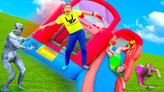 Last to Leave Inflatable Bounce House Obstacle Course! Wins $10,000(Pond Monster Pranks Me)Challenge