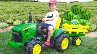 Darius Rides on Tractor  Kids Pretend Play riding on Truck Toys gathering watermelon