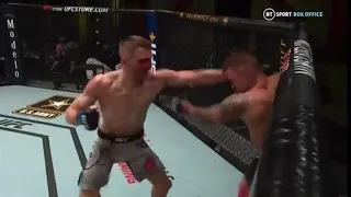 Dan Hooker almost finishes Poirier at the end of one of the best round of all time .