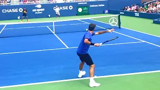 Roger Federer Forehand Slow Motion Court Level View - Effortless ATP Tennis Forehand Technique.