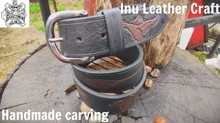 Hunting belt, handmade carving, leathercraft.