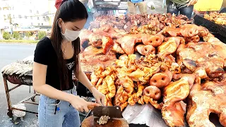 Grilled Smoke Boneless Pig Head & Intestine: 2.50$ a Small Box - Cambodian Street Food