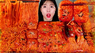 ASMR MUKBANG| Fire Spicy foods (Stir-fried Udon, Noodles-Rice paper wrap, Cuttlefish, Mushroom).