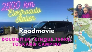 Elektroauto Roadtrip 2500km Italien Urlaub mit Familie Kia e-Soul 64kwh. Dolimiten, Toskana. Camping