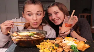 BUBBLE WORLD MUKBANG - SPICY BEEF NOODLE SOUP, SALT & PEPPER FRIED & FRIED OYSTER MUSHROOMS!