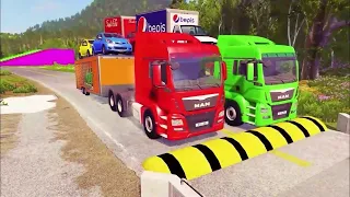 Double Flatbed Trailer Truck vs Speedbumps Train vs Cars Beamng.Drive #165 carry Nissan  , XC40