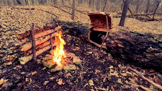 Taking Shelter In A “HOLLOW LOG”Survival Shelter - Bushcraft Shelter Windproof Fireplace For Cooking