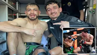 Battered UFC rivals Max Holloway and Yair Rodriguez pose for photos inside AMBULANCE