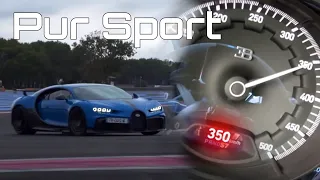 reaching TOP SPEED in BUGATTI CHIRON PUR SPORT on F1 RACE TRACK, 350km/h / 217mph