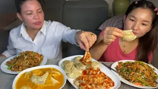 Pork chowmein pork jhol Momo ani 2spicy Sauce with Momo mukbang