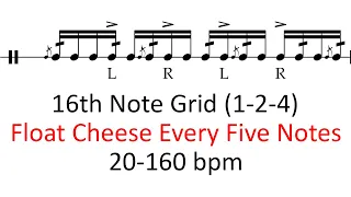 Float cheese every five notes (1-2-4 accents) | 20-160 bpm playalong 16th note grid drum sheet music