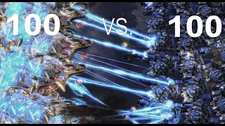 Massive Starcraft 2 battles, 100 vs 100, Terran vs. Protoss!