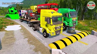 Double Flatbed Trailer Truck vs speed bumps|Busses vs speed bumps|Beamng Drive|500