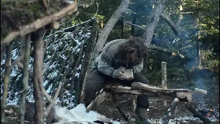 Bushcraft trip - wood carving, cooking meat - permanent a-frame camp series [part 4 - long version]