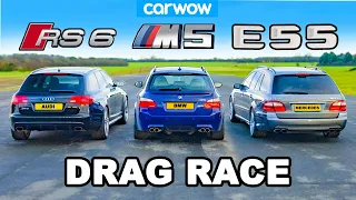 BMW M5 V10 vs AMG E55 vs Audi RS6: DRAG RACE *NA vs Turbo vs Supercharged*