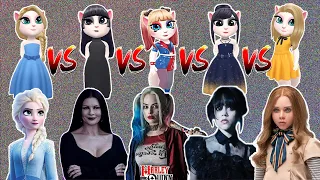 My Talking Angela 2😘 Elsa Queen Vs Morticia Addams Vs Harley Quinn Vs Wednesday Addams Vs M3gan Doll