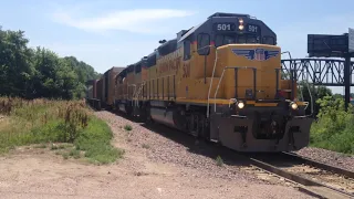 Bluff Road railroad crossing, UP 501 and 516 Local and BNSF Local on the bridge, Sioux City, IA