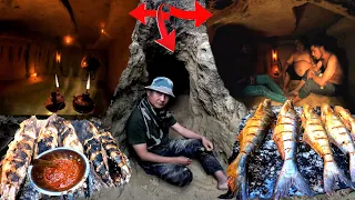 Building Secret Underground Survival House in Jungle 3 Days Wild Life Fish Cooking on Stone & Eating