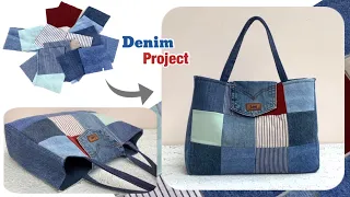 Sewing diy a denim tote bag multi pockets tutorial , tote bag patterns,diy denim patchwork tote bag