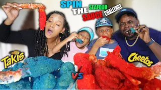RED HOT CHEETOS VS BLUE TAKIS SEAFOOD SPIN THE WHEEL CHALLENGE SEAFOOD MUKBANG QUEEN BEAST