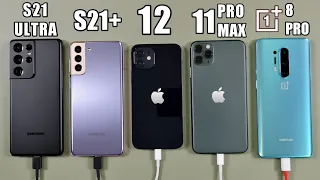 Samsung S21 Ultra vs S21 Plus vs iPhone 12 vs 11 Pro Max vs Oneplus 8 Pro Battery Charging Test