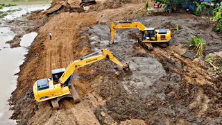 Amazing New Project!! Threes Excavator Working Clearing Land And Mud Near Shore River