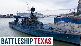 First Drone Footage of Battleship Texas Now at Pier D in Galveston after Leaving Dry Dock