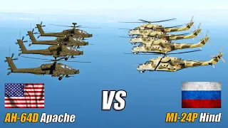 25 US Apache AH-64D vs 25 Russian MI-24P Hind