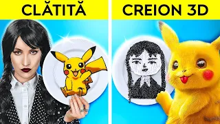 PROVOCARE ARTISTICĂ DIN ALUAT DE CLĂTITE VS CU UN CREION 3D || Wednesday Addams vs Pokémon – 123 GO!
