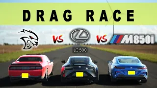 2023 BMW M850i vs Lexus LC500 Coupe vs Dodge Challenger SRT Hellcat, V8 Battle  Drag and Roll Race.