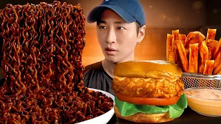 ASMR MUKBANG BLACK BEAN FIRE NOODLES & POPEYES CHICKEN SANDWICH COPYCAT | COOKING & EATING ASMR