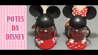 Como fazer potes de vidro reciclável decorado de Mickey e Minnie em eva