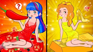 Red and Gold Challenge Food! Eating and Buying 1 Color for 24 hours | Poor Princess Life Animation