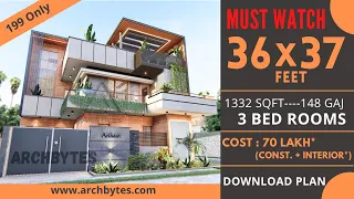 36x37 Feet Modern House Design 3D: 3 Bedrooms, 2 Floors, Terrace Garden -1300 Sqft| 148Gaj|Archbytes