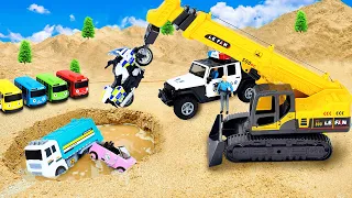 Crane truck police car rescue vehicles from the big hole | trucks and cars stories | Car toys