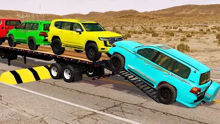Flatbed Trailer Toyota LC Cars Transportation with Truck - Pothole vs Car #27- BeamNG.Drive