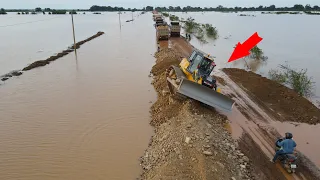 Urgent Work Build Road Crossing Flood by Operator Bulldozer SHANTUI Push Stone,Truck Transport Stone