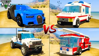 Lego Fire Truck vs Lego Police Car vs Ambulance Truck vs Bugatti Chiron - GTA 5 Which is best?